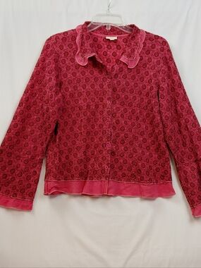J Jill Crinkle Ruffle Blouse Women's Size Large Petite Pink Floral Flared Sleeve